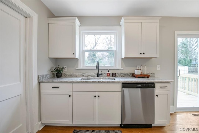 kitchen featuring a sink, white cabinetry, light wood-style floors, and stainless steel dishwasher