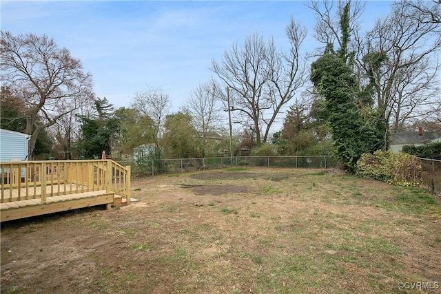 view of yard with a deck and a fenced backyard