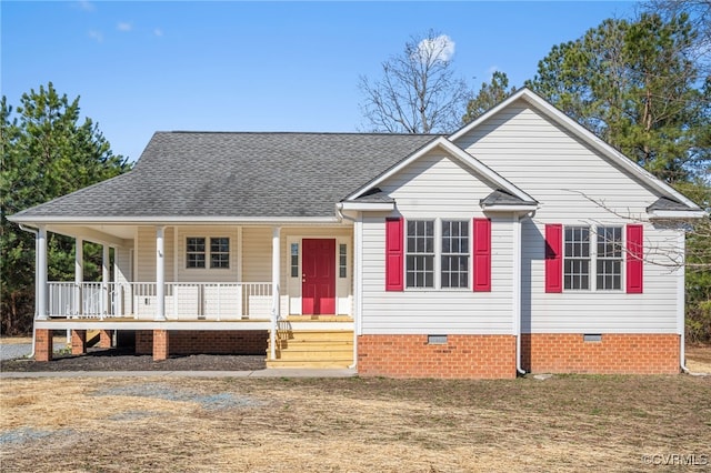 view of front of property with crawl space, a porch, and roof with shingles