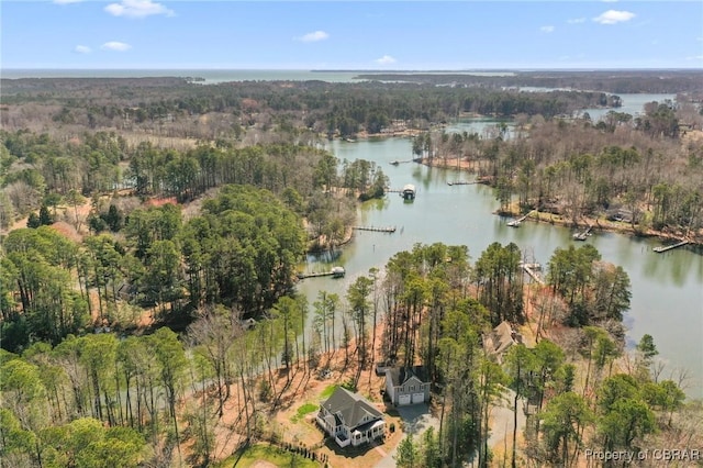 drone / aerial view featuring a forest view and a water view