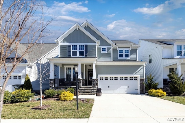 8160 Lyman Ct, Mechanicsville, VA 23116 - craftsman-style house featuring a porch, board and batten siding, an attached garage, concrete driveway, and stone siding