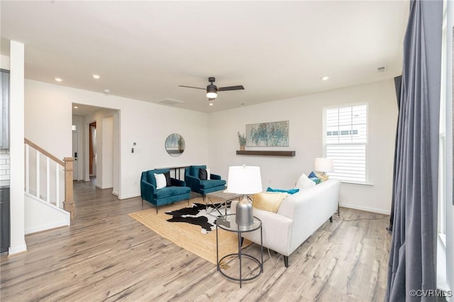 8160 Lyman Ct, Mechanicsville, VA 23116 - living room with light wood-style floors, stairs, a ceiling fan, and recessed lighting