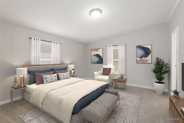 bedroom with vaulted ceiling, multiple windows, baseboards, and light carpet