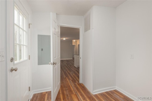 hallway featuring electric panel, baseboards, and wood finished floors