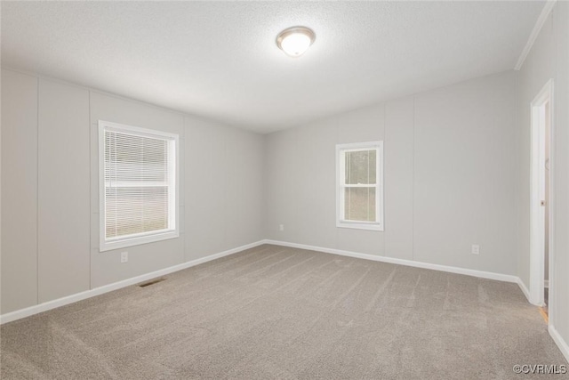 empty room featuring carpet flooring, plenty of natural light, a textured ceiling, and visible vents