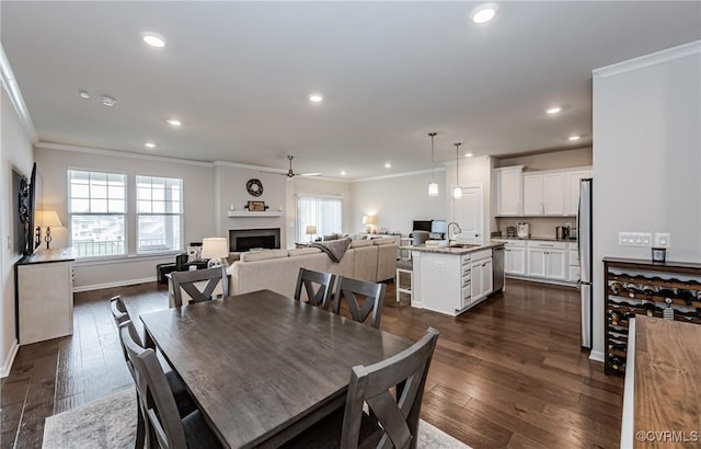 dining room featuring dark wood-type flooring, a ceiling fan, recessed lighting, a fireplace, and crown molding