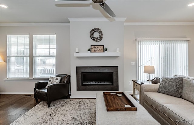 living room featuring a ceiling fan, crown molding, wood finished floors, and a fireplace