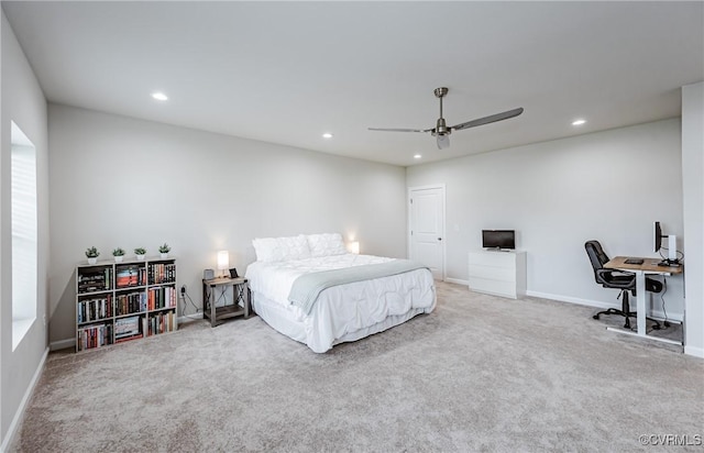 carpeted bedroom featuring recessed lighting, a ceiling fan, and baseboards