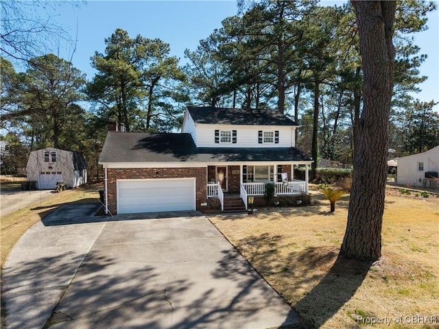 view of front facade featuring covered porch, a chimney, concrete driveway, a garage, and brick siding