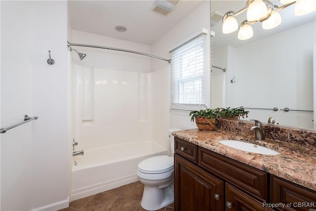 bathroom with tile patterned flooring, visible vents, washtub / shower combination, toilet, and vanity