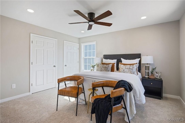 bedroom featuring recessed lighting, baseboards, and carpet floors