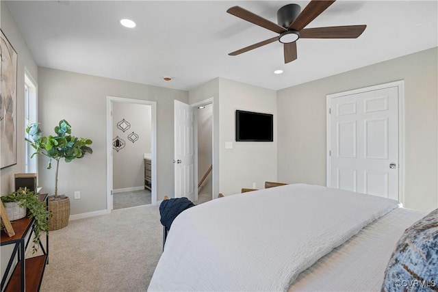 bedroom with recessed lighting, light colored carpet, baseboards, and ceiling fan