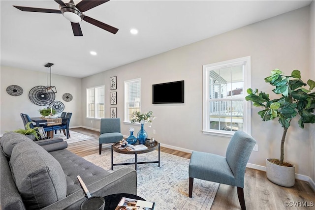 living area with light wood finished floors, a ceiling fan, and a wealth of natural light