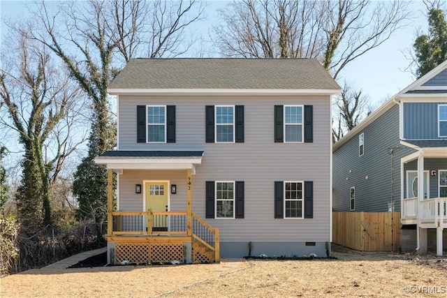 view of front of property with crawl space, roof with shingles, and fence