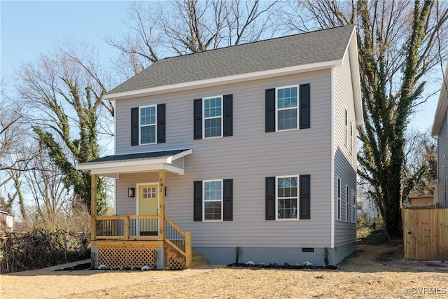 view of front of property featuring crawl space and a shingled roof