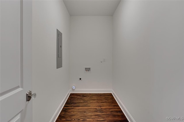 laundry room featuring washer hookup, electric panel, dark wood-style floors, hookup for an electric dryer, and laundry area