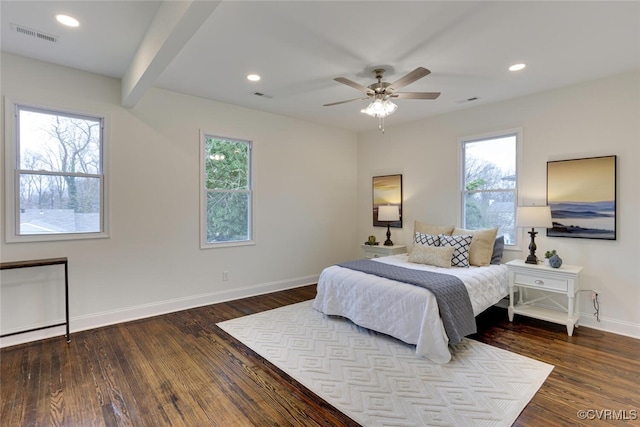 bedroom featuring dark wood-style floors, visible vents, recessed lighting, and baseboards