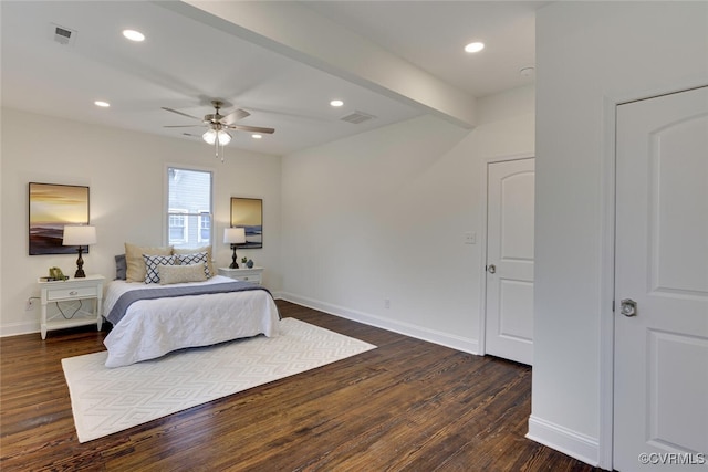 bedroom featuring recessed lighting, visible vents, baseboards, and dark wood-type flooring