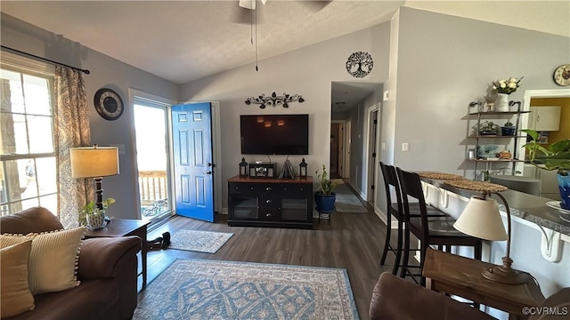 living room with lofted ceiling, wood finished floors, and a ceiling fan