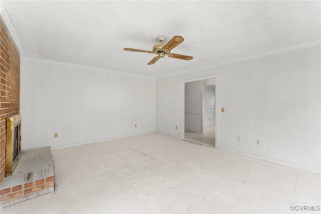 unfurnished living room with a brick fireplace, concrete flooring, and ceiling fan