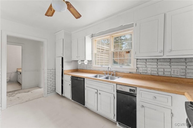 kitchen with a sink, black dishwasher, white cabinetry, decorative backsplash, and ceiling fan