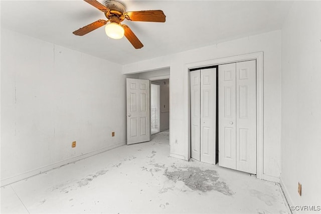 unfurnished bedroom with a closet and a ceiling fan