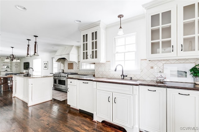 kitchen featuring double oven range, a sink, dark wood-type flooring, custom range hood, and pendant lighting