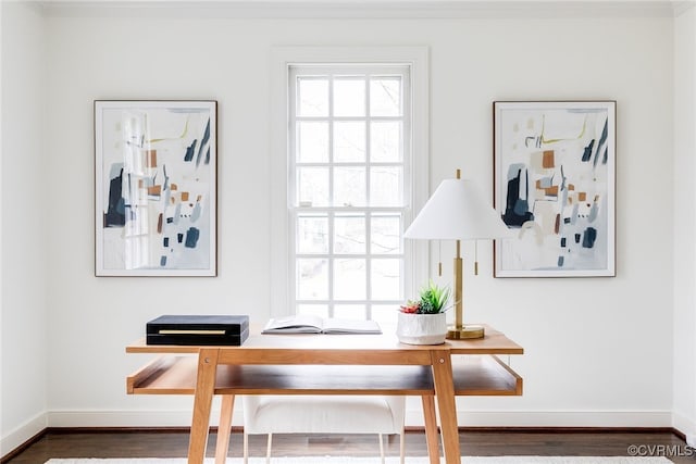 office featuring wood finished floors and baseboards