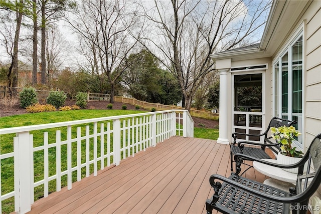 wooden terrace featuring a fenced backyard and a yard