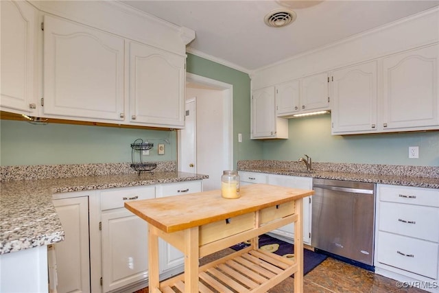 kitchen featuring visible vents, crown molding, light stone countertops, dishwasher, and white cabinets