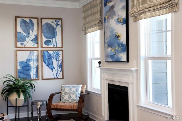 sitting room with baseboards, a fireplace, and crown molding