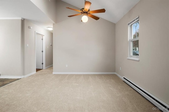 empty room featuring light carpet, lofted ceiling, a ceiling fan, baseboards, and baseboard heating