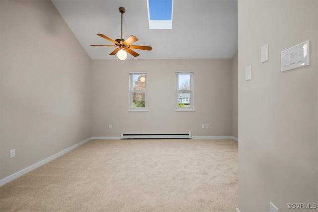 unfurnished room featuring baseboards, carpet floors, lofted ceiling, ceiling fan, and baseboard heating