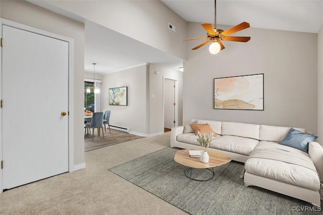 carpeted living area featuring visible vents, baseboards, a baseboard heating unit, and ceiling fan