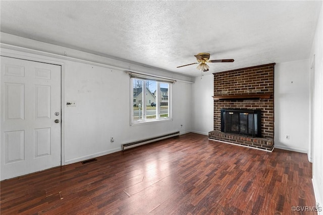 unfurnished living room with a baseboard radiator, visible vents, hardwood / wood-style floors, and a ceiling fan