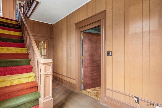 staircase featuring wooden walls