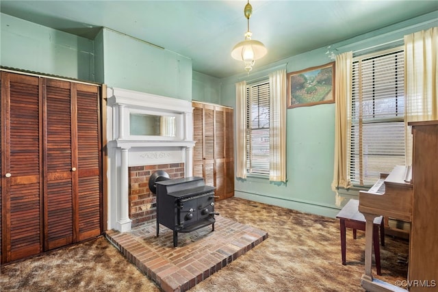 living area with a wood stove and carpet flooring