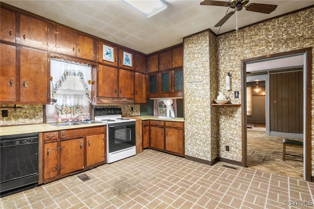 kitchen featuring ceiling fan, dishwasher, light countertops, electric stove, and a sink