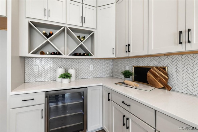 bar with wine cooler and decorative backsplash