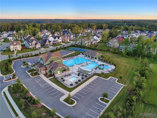 aerial view at dusk with a residential view