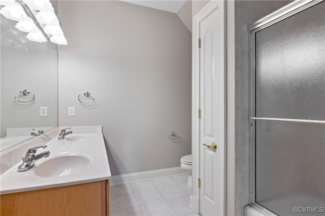 full bath featuring tile patterned flooring, a stall shower, toilet, and a sink