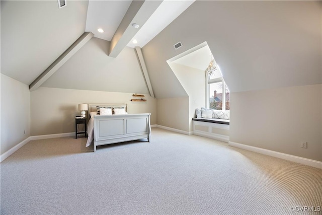 unfurnished bedroom with recessed lighting, baseboards, lofted ceiling, and carpet floors