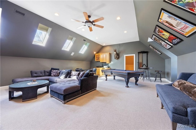 playroom featuring visible vents, light colored carpet, ceiling fan, and pool table