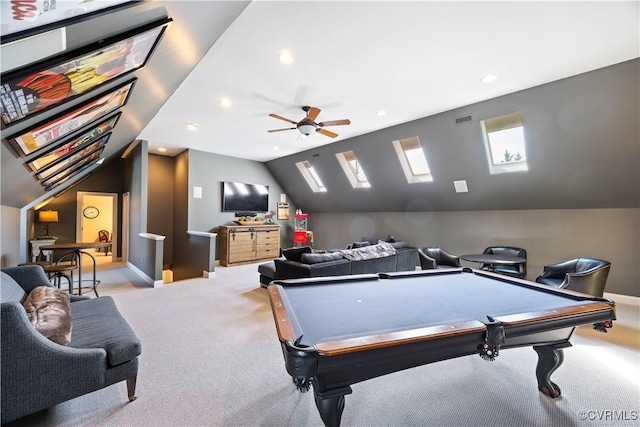 rec room featuring visible vents, lofted ceiling, light colored carpet, and billiards