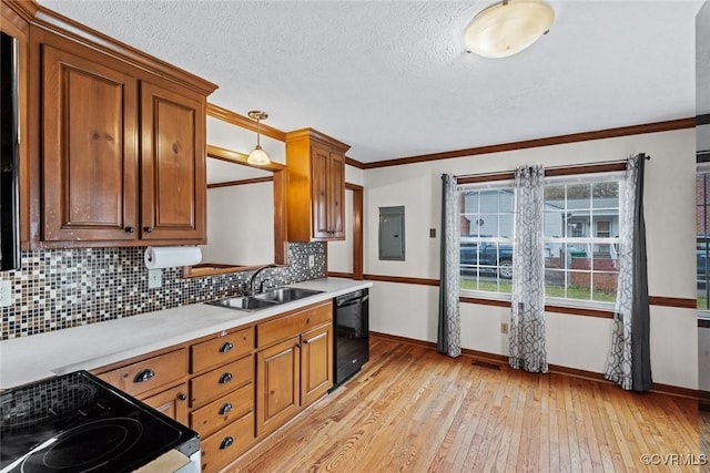 kitchen with brown cabinetry, a sink, light countertops, electric stove, and black dishwasher