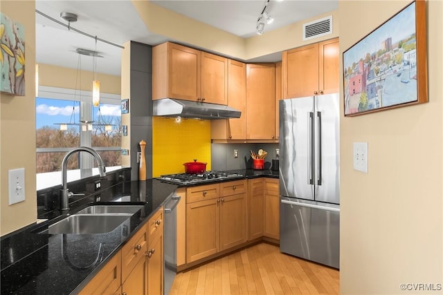 kitchen featuring visible vents, under cabinet range hood, light wood-style flooring, stainless steel appliances, and a sink