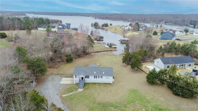 drone / aerial view featuring a water view