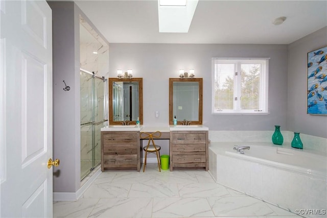 full bath featuring vanity, a garden tub, marble finish floor, and a stall shower