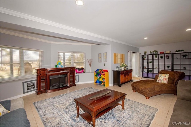 living room featuring recessed lighting, light tile patterned flooring, a fireplace, and ornamental molding