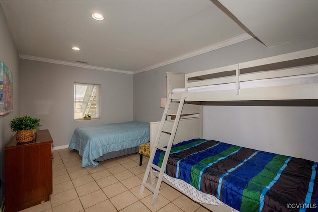 bedroom with light tile patterned floors, recessed lighting, crown molding, and baseboards